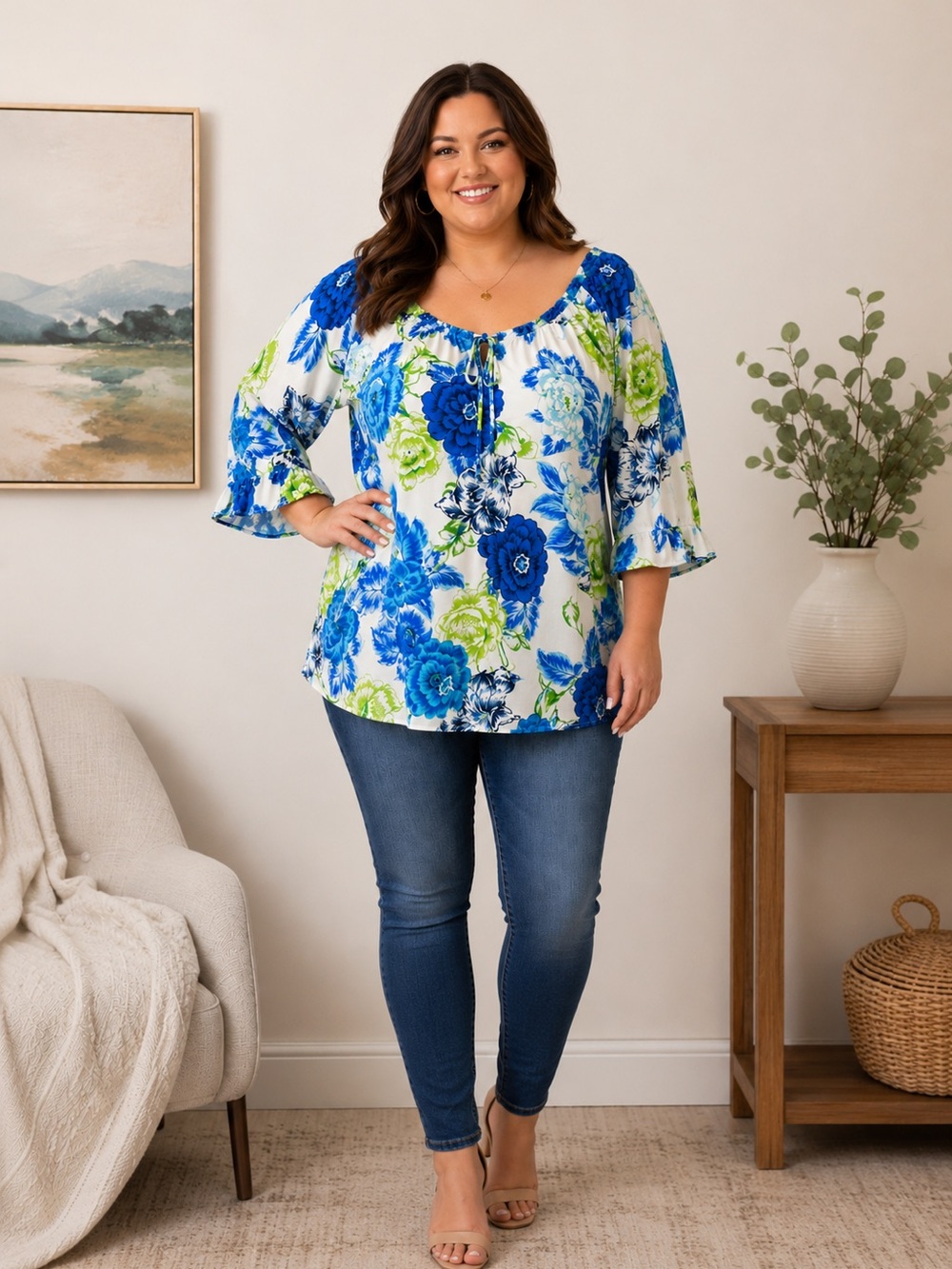Sara Michelle 2X Blue Green Floral Blouse Boho Peasant Top Plus Size